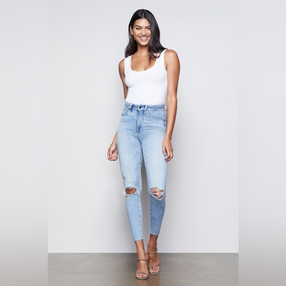 Good American Good Waist Crop Raw Hem Distressed Jeans in Blue Size 28 - Picture 1 of 16